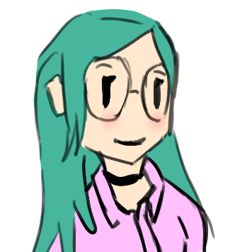 Drawn portrait of a person with long, blue-green hair, round glasses, and a pink shirt.